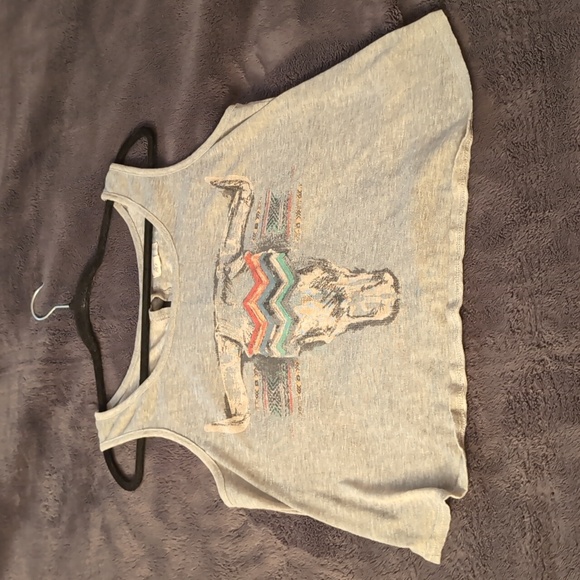 Ardene| Grey Tank Top With Cow Skull Multicolored Design Slit Back 3 Ribbons - Picture 5 of 10